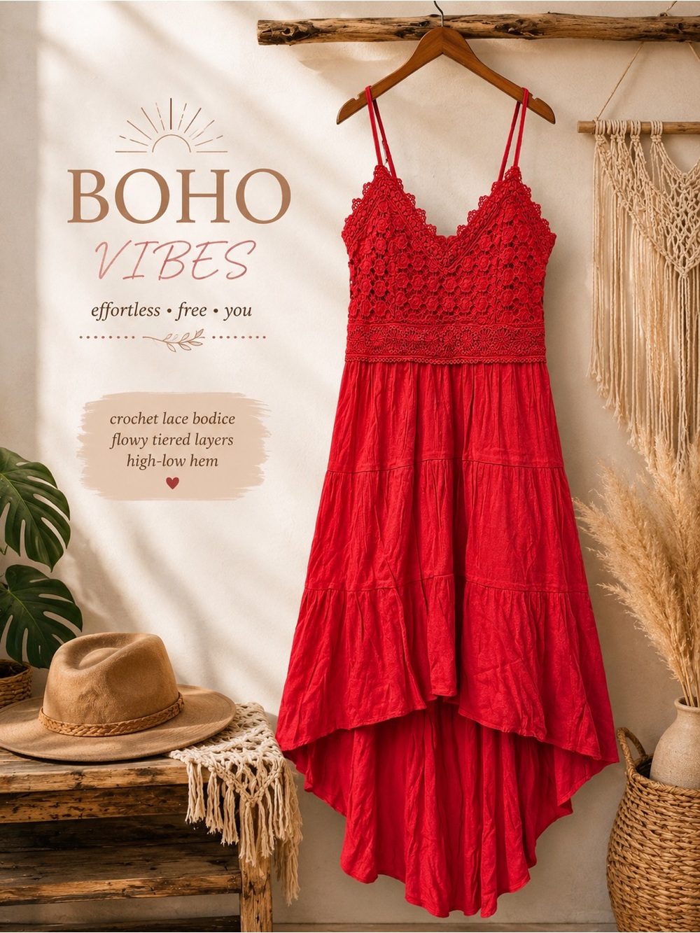 Boho Vibes Red Crochet Lace High-Low Dress